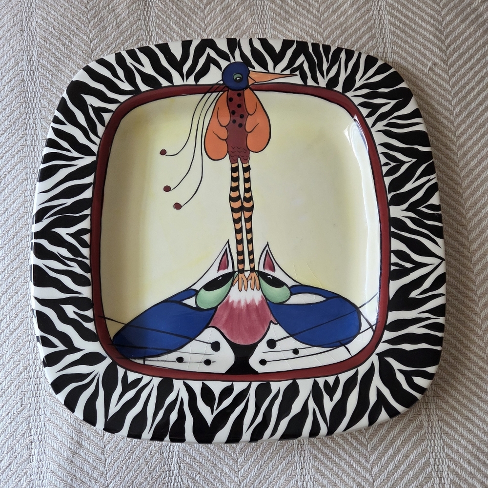 SWAK Vintage Lynda Corneille Signed Cat Bird Wall Hanging Decor Plate Zebra